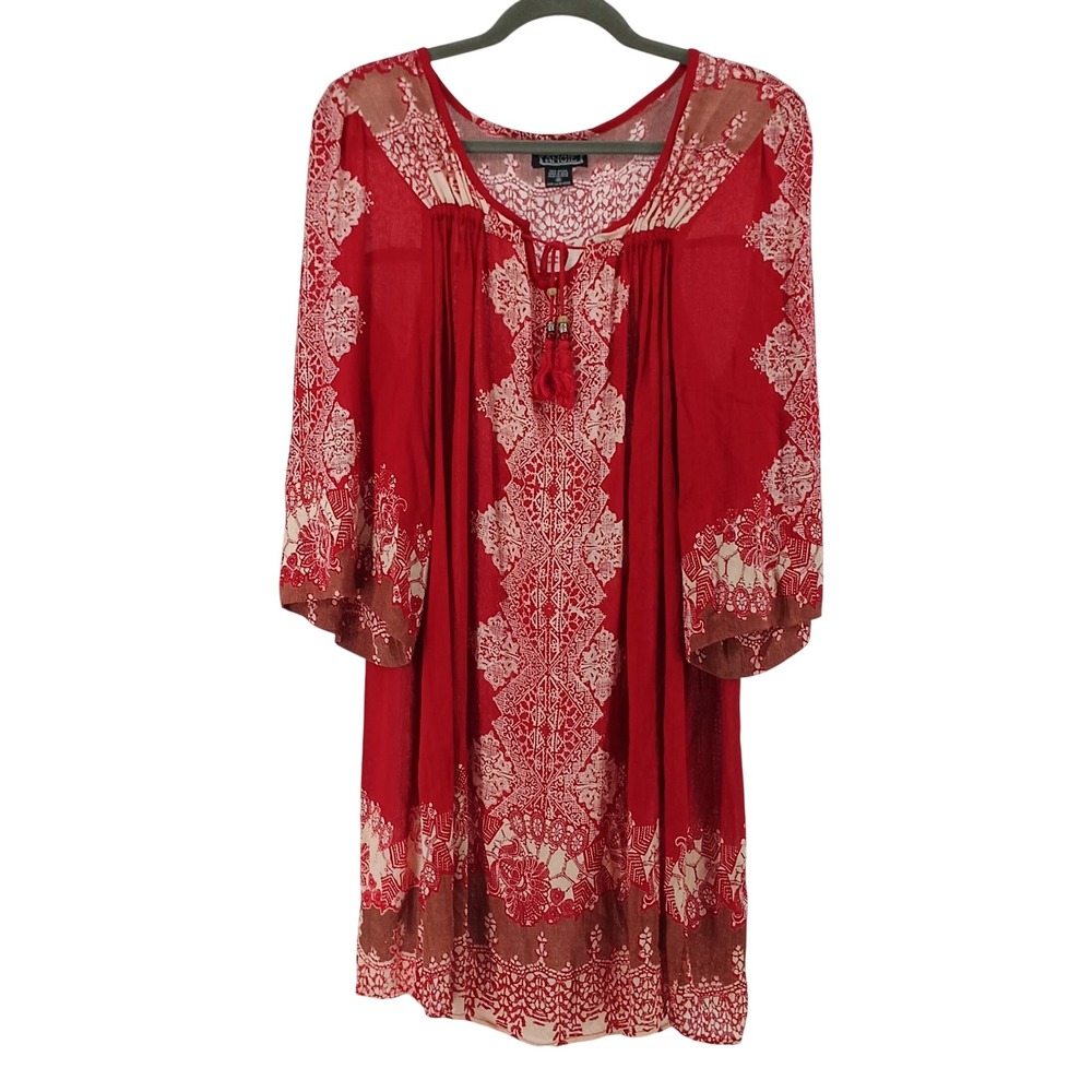 Angie size Medium Red Boho Peasant Dress/Tunic Medallion Print Tassel Tie Rayon